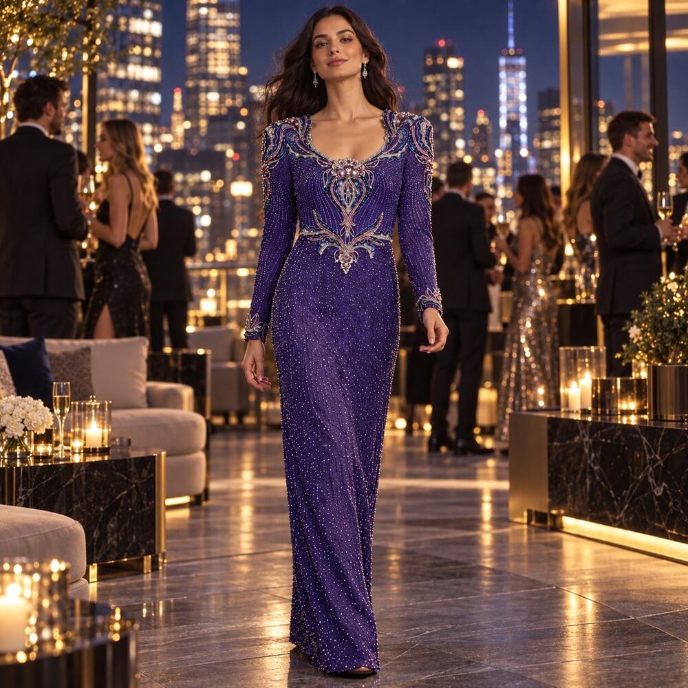 Vintage Y2K Cache Silk Beaded Royal Purple Cutout Evening Gown Maxi Dress Size 8